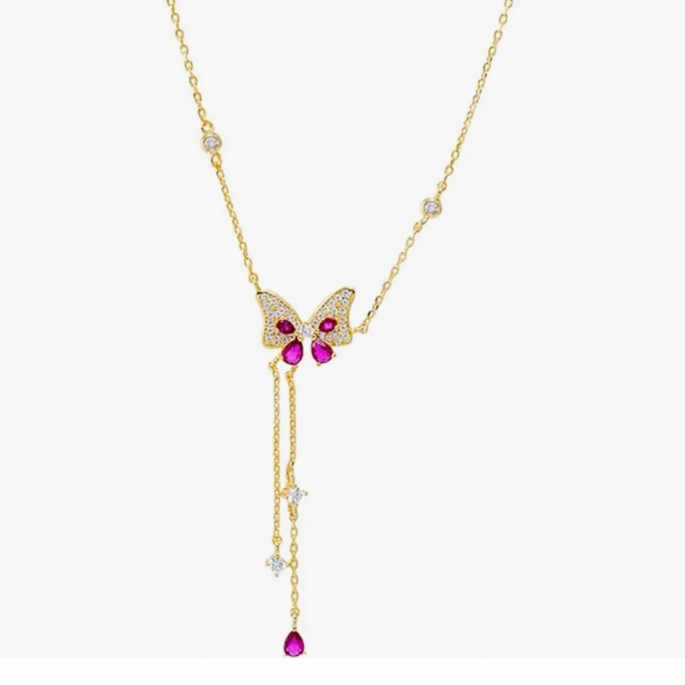 Adina Eden Butterfly Lariat Station Necklace Pink Butterfly NEW
